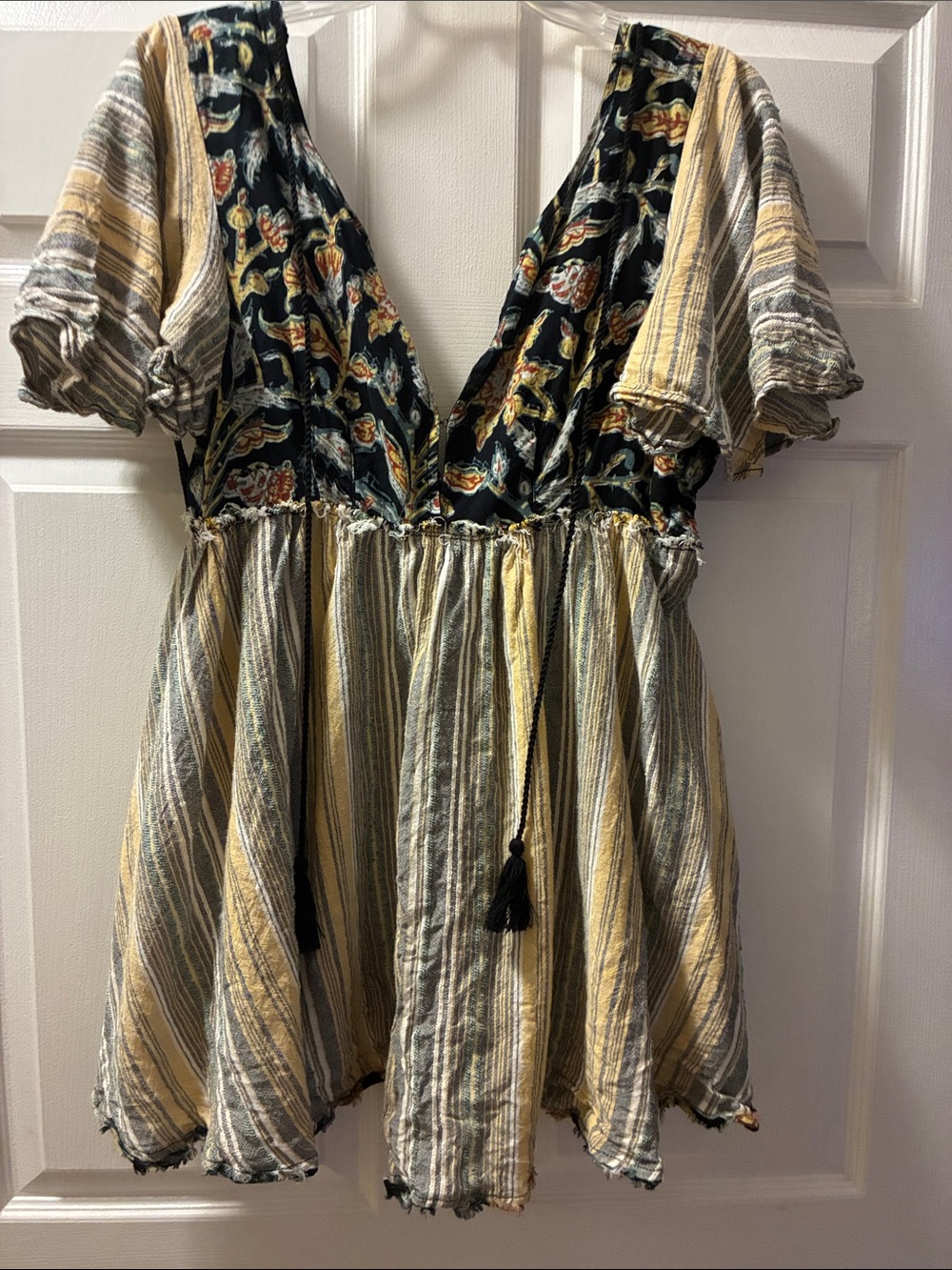 Free People under sun Boho V-Neck Striped & Floral Peasant Top - Yellow,Black